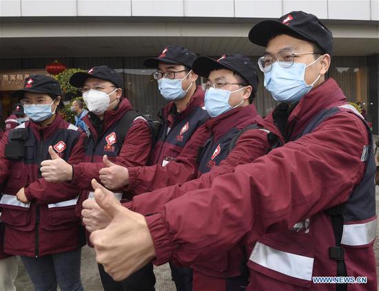 Medical staff assemble before leaving for Wuhan of Hubei Province, at the airport in Chengdu, capital of southwest China's Sichuan Province, Feb. 2, 2020. The 3rd batch of 126 medical staff of Sichuan Province left for Wuhan on Sunday to aid Hubei Province in fighting the novel coronavirus. (Xinhua/Liu Kun)