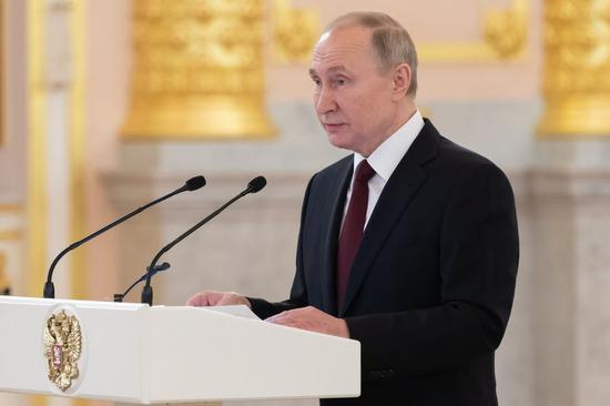 Russian President Vladimir Putin speaks at the ceremony of presenting ambassadors' credentials at the Kremlin in Moscow, Russia, Feb. 5, 2020. (Photo by Bai Xueqi/Xinhua)