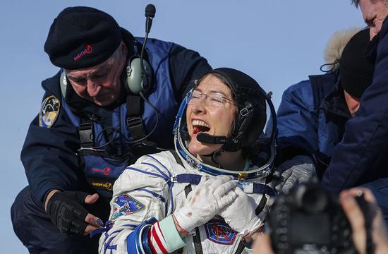 NASA astronaut Christina Koch returns to Earth on Feb. 6, 2020 following a record-breaking mission. (Roscosmos photo)