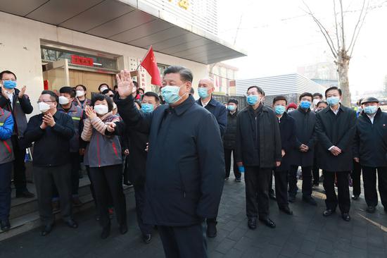 Chinese President Xi Jinping, also general secretary of the Communist Party of China (CPC) Central Committee and chairman of the Central Military Commission, inspects the novel coronavirus pneumonia prevention and control work in Beijing, capital of China, on Feb. 10, 2020. (Xinhua/Pang Xinglei)