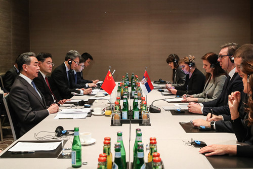 Chinese State Councilor and Foreign Minister Wang Yi holds talks with Serbian President Aleksandar Vucic on the sidelines of the Munich Security Conference, in Munich, Germany, February 14, 2020. /Photo via Chinese Foreign Ministry website