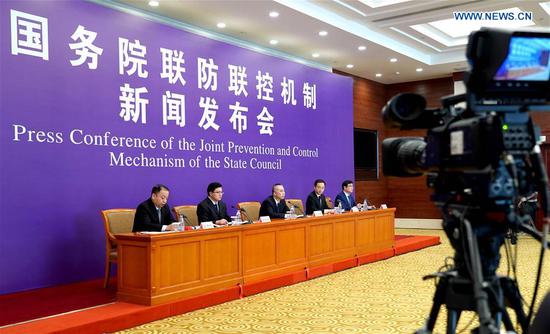 Photo taken on Feb. 16, 2020 shows a press conference on the prevention and control of the novel coronavirus outbreak held by the joint prevention and control mechanism of the State Council in Beijing, capital of China. (Xinhua/Chen Jianli) 