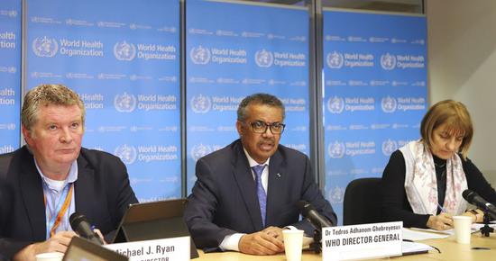 Dr. Tedros Adhanom Ghebreyesus (C), World Health Organization (WHO) Director-General, addresses a press conference, on which WHO said that China's latest epidemiological paper on COVID-19 is important in enabling it to provide advice to other countries, in Geneva, Switzerland, Feb. 17, 2020. (Xinhua/Chen Junxia)