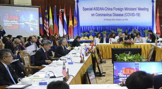 The Special ASEAN-China Foreign Ministers' Meeting on Coronavirus Disease is held in Vientiane, Laos, Feb. 20, 2020. (Photo by Kaikeo Saiyasane/Xinhua)