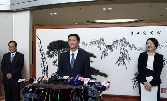 Luo Huining, the new director of the Liaison Office of the Central People's Government in the Hong Kong Special Administrative Region (HKSAR), speaks at a press briefing in Hong Kong, south China, Jan. 6, 2020. (Xinhua/Li Gang)