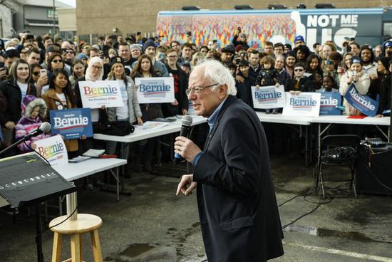 Bernie Sanders speaks at a rally at Cedar Rapids, Iowa, the United States, Feb. 2, 2020. (Photo by Joel Lerner/Xinhua)