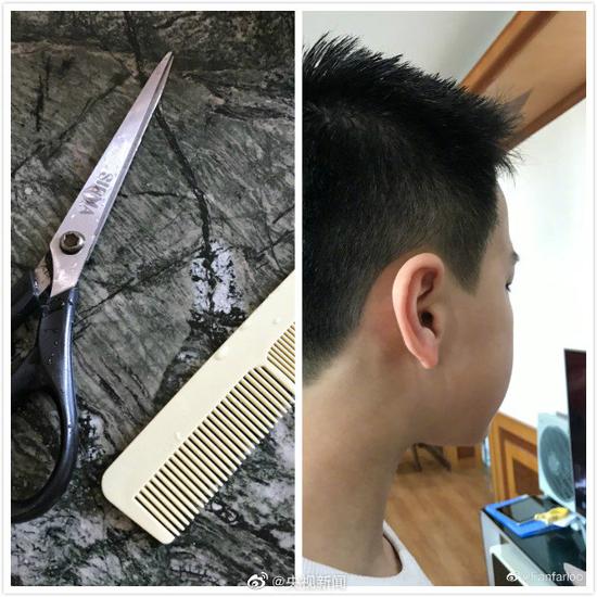 An Sina Weibo user posts photos of his haircut and tools. /Sina Weibo account of CCTV News