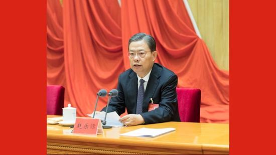 Zhao Leji, member of the Standing Committee of the Political Bureau of the CPC Central Committee and secretary of the CPC Central Commission for Discipline Inspection, delivers a work report in Beijing, January 13, 2020. /Xinhua