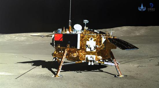 Photo taken by the rover Yutu-2 (Jade Rabbit-2) on Jan. 11, 2019 shows the lander of the Chang'e-4 probe. (Xinhua/China National Space Administration)
