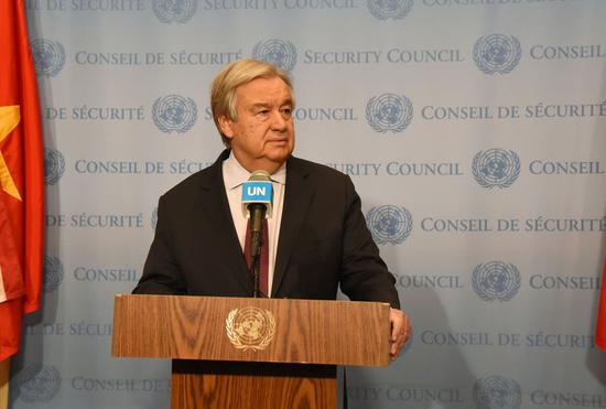 United Nations Secretary-General Antonio Guterres attends a press encounter at the UN headquarters in New York, on Feb. 28, 2020. (Xinhua/Wang Jiangang)