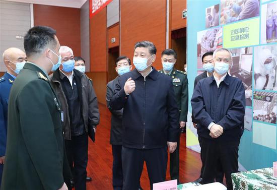 Chinese President Xi Jinping, also general secretary of the Communist Party of China Central Committee and chairman of the Central Military Commission, learns about the progress on the vaccine, anti-body, medicine and fast testing kit research and application during his visit to the Academy of Military Medical Sciences in Beijing, capital of China, March 2, 2020. Xi on Monday inspected the scientific research on novel coronavirus disease (COVID-19) as well as the diagnosis and treatment of the disease in his visit to two institutes in Beijing. (Xinhua/Ju Peng)
