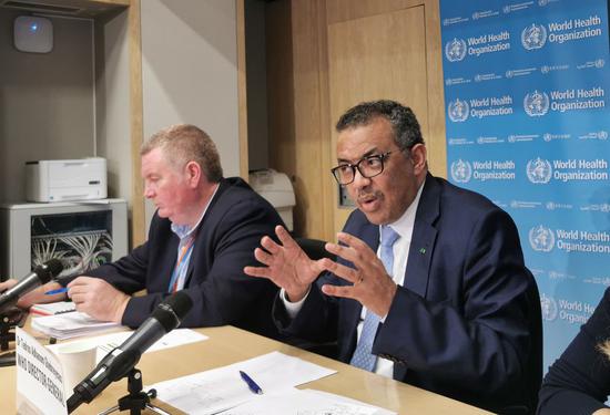 World Health Organization (WHO) Director-General Tedros Adhanom Ghebreyesus (R) speaks at a daily briefing in Geneva, Switzerland, on March 2, 2020. Tedros Adhanom Ghebreyesus said on Monday that the spread of COVID-19 in South Korea, Italy, Iran and Japan has become the greatest concern. (Xinhua/Chen Junxia)