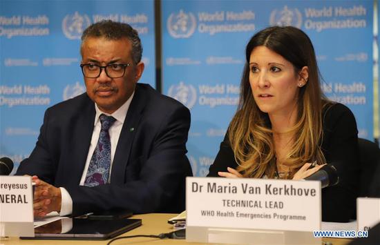Maria van Kerkhove(R), technical lead for the Health Emergencies Program of the World Health Organization (WHO), speaks at a daily briefing in Geneva, Switzerland, on March 3, 2020. Having China share its experiences with other countries on containing the spread of COVID-19, the disease caused by the new coronavirus, is nothing short of excellence, experts from the World Health Organization (WHO) said on Tuesday. (Xinhua/Chen Junxia)