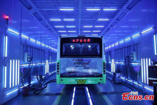 Buses disinfected by ultraviolet light in Shanghai