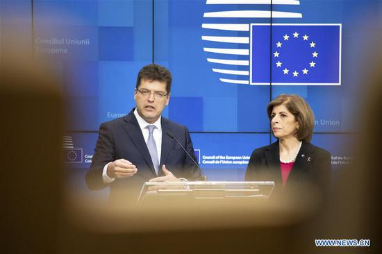 Janez Lenarcic (L), European Commissioner for Crisis Management, and Stella Kyriakides, European Commissioner for Health and Food Safety, attend a press conference after the EU Health Affairs Council in Brussels, Belgium, on March 6, 2020. Health ministers of the European Union (EU) member states met here on Friday, calling for strengthened solidarity, cooperation and exchange of information in tackling the spread of the disease. (Photo by Riccardo Pareggiani/Xinhua)