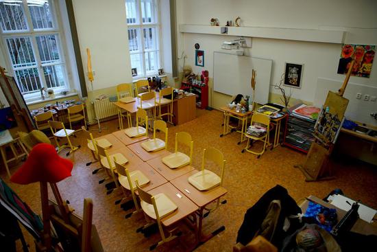 An empty art classroom is seen at a primary school on Vodickova street in Prague, the Czech Republic, March 11, 2020. (Photo by Dana Kesnerova/Xinhua)