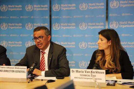 World Health Organization (WHO) Director-General Tedros Adhanom Ghebreyesus (L) speaks at a press conference in Geneva, Switzerland, on March 11, 2020.(Xinhua/Chen Junxia)
