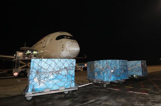 Staff members of the airport unload medical supplies from China at Fiumicino Airport in Rome, Italy, on March 12, 2020. (Xinhua/Cheng Tingting)