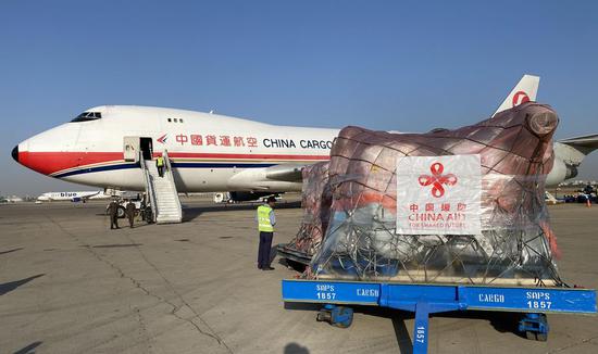 Photo taken on March 9, 2020 shows the first batch of China-aid locust control supplies arriving in Karachi, Pakistan. (Xinhua)