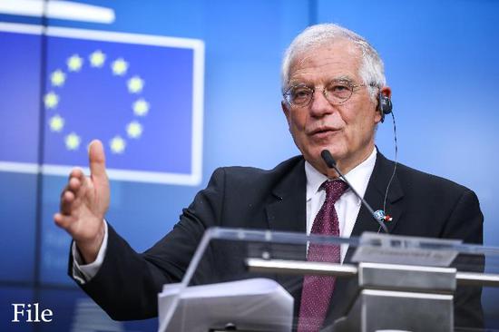EU High Representative for Foreign Affairs and Security Policy Josep Borrell Fontelles gestures during a press conference after an EU foreign ministers' meeting at the EU headquarters in Brussels, Belgium, Jan. 20, 2020. (Xinhua/Zhang Cheng)