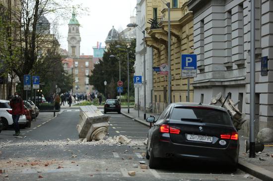 A street scene after an earthquake on a street in Zagreb, capital of Croatia. (Emica Elvedji/Pixsell via Xinhua)