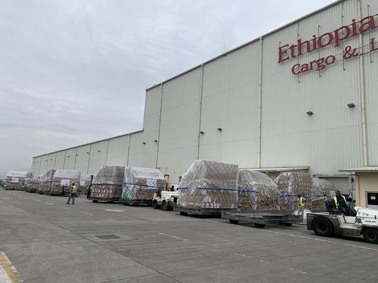 The photo shows a large batch of medical supplies donated by the Jack Ma Foundation and Alibaba Foundation to tackle the COVID-19 pandemic in Addis Ababa, Ethiopia, on March 22, 2020. (Xinhua/Wang Shoubao)