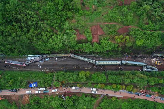 Aerial photo taken on March 30, 2020 shows the accident site after a train derailed at Yonghua Village of Yongxing County in Chenzhou City, central China's Hunan Province. (Xinhua/Li Ga)