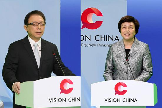 Zhou Shuchun (left), publisher and editor-in-chief of China Daily, and Chen Xu (right), chairwoman of the Tsinghua University Council speak at the Vision China event on March 31, 2020. [Photo/chinadaily.com.cn]