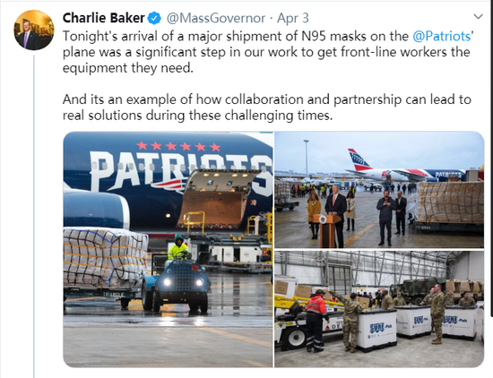 (Screenshot of Massachusetts Governor Charlie Baker's tweet about the mask delivery on April 3, 2020.)