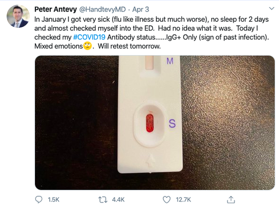 (A screenshot of U.S. pediatric emergency medicine physician Dr. Peter Antevy's Twitter post on April 3 about his positive COVID-19 antibody test.)