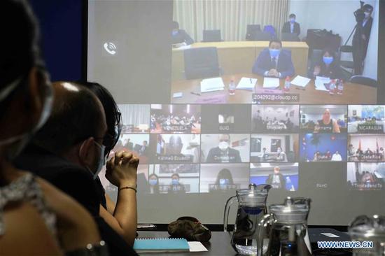 Photo taken on March 23, 2020 shows the venue of an online meeting on COVID-19 epidemic prevention and control among representatives from China and Latin American and Caribbean countries in San Salvador, El Salvador.  (Photo by Alexander Pena/Xinhua)
