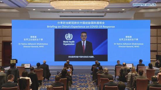 World Health Organization (WHO) Director-General Tedros Adhanom Ghebreyesus gives a speech via video during a virtual Briefing on China's Experience on COVID-19 Response in Beijing, capital of China, March 12, 2020.  (National Health Commission/Handout via Xinhua)