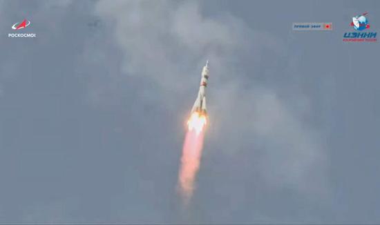 
Russia's Soyuz MS-16 spaceship blasts off from the Baikonur Cosmodrome in Kazakhstan on April 9, 2020. (Screen grab of Roscosmos footage)