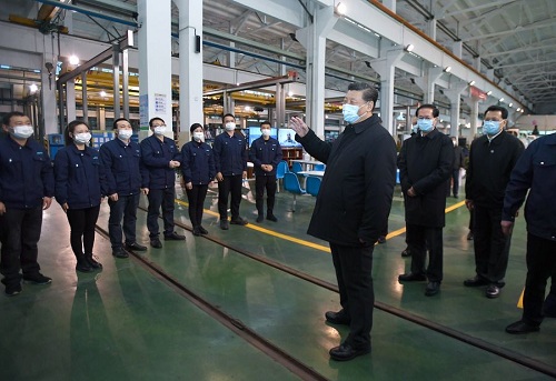 Chinese President Xi Jinping, also general secretary of the Communist Party of China Central Committee and chairman of the Central Military Commission, visits an industrial park, which produces high-end auto parts and molds, in Ningbo, east China's Zhejiang Province, March 29, 2020. Xi on Sunday inspected the resumption of work and production in Zhejiang. (Xinhua/Yan Yan)