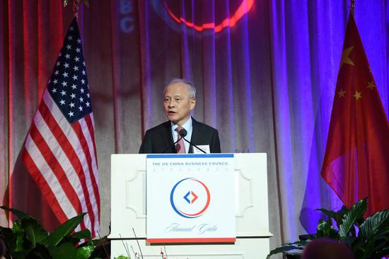 Chinese Ambassador to the United States Cui Tiankai speaks at a gala dinner held by the U.S.-China Business Council in Washington D.C., the United States, on Dec. 4, 2019. (File Photo/Xinhua)