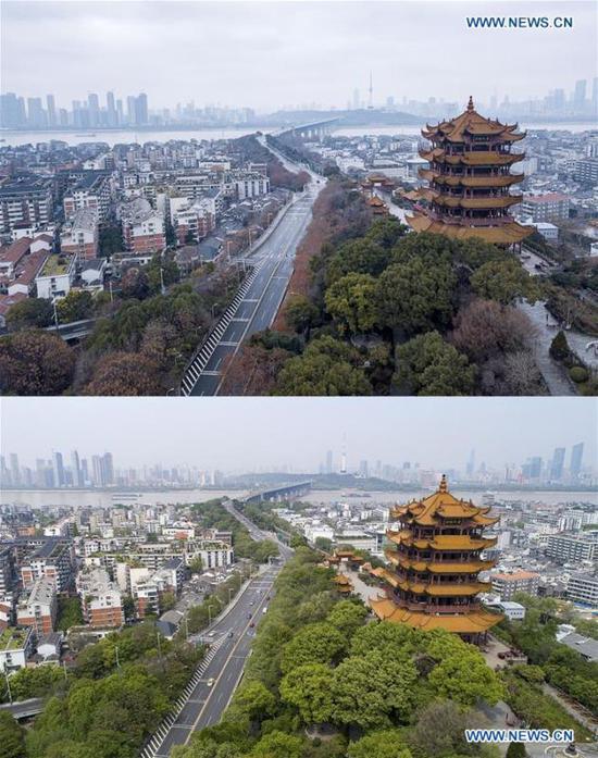 Aerial combo photo shows the Yellow Crane Tower and the Yangtze River Bridge in Wuhan, central China's Hubei Province on Jan. 26, 2020 (upper) and on April 8, 2020. 