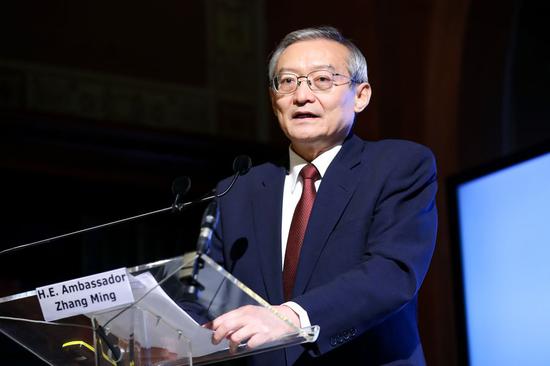 Zhang Ming, head of the Chinese Mission to the European Union, delivers a keynote speech at a meeting releasing Edelman Trust Barometer 2020 in Brussels, Belgium, March 3, 2020. (Xinhua/Zhang Cheng)