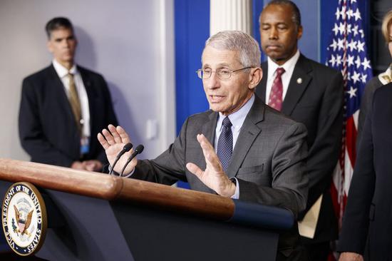 Anthony Fauci (front), director of the U.S. National Institute of Allergy and Infectious Diseases (NIAID), speaks during a press conference on the coronavirus at the White House in Washington D.C., the United States, March 4, 2020. (Photo by Ting Shen/Xinhua)