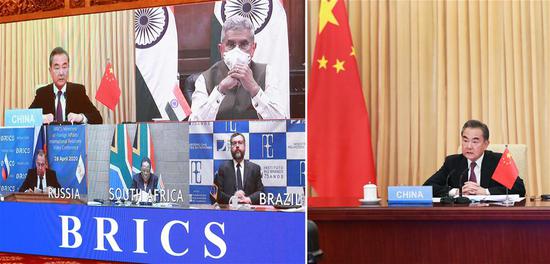 Combo photo shows Chinese State Councilor and Foreign Minister Wang Yi attending the BRICS Foreign Ministers' Extraordinary Conference on COVID-19 via video link in Beijing, capital of China, April 28, 2020. (Xinhua/Pang Xinglei)