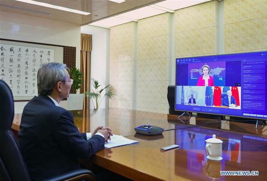 Zhang Ming, head of the Chinese Mission to the EU, attends the Coronavirus Global Response pledging event via video conferencing in Brussels, Belgium, May 4, 2020. (China Mission to the EU/Handout via Xinhua)
