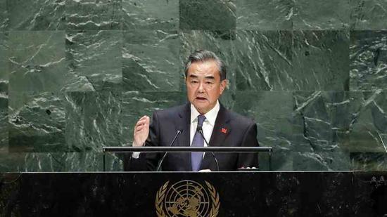 Chinese State Councilor and Foreign Minister Wang Yi addresses the 74th session of the United Nations General Assembly in New York, September 27, 2019. /Photo via fmprc.gov.cn