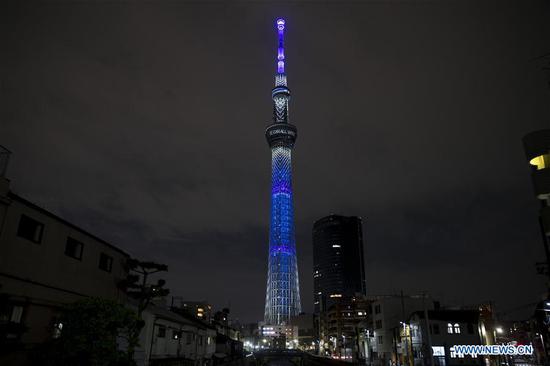 Landmark buildings lit in blue to support and appreciate healthcare professionals in Tokyo
