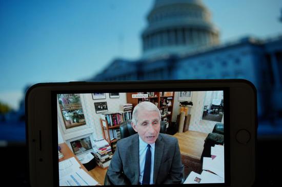 Anthony Fauci, director of the National Institute of Allergy and Infectious Diseases, speaks during a teleconference hearing hosted by a Senate panel on the White House's response to the coronavirus, in Washington D.C., the United States, May 12, 2020. (Xinhua/Liu Jie)