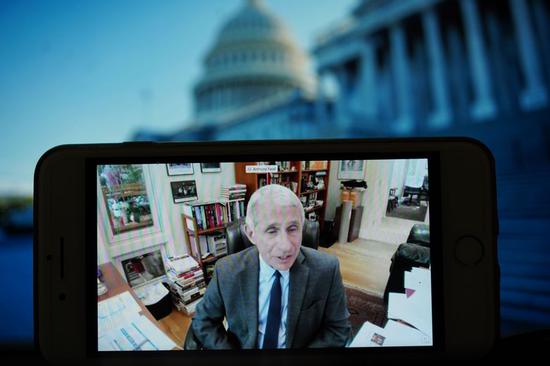 Anthony Fauci, director of the National Institute of Allergy and Infectious Diseases, speaks during a teleconference hearing hosted by a Senate panel on the White House's response to the coronavirus, in Washington D.C., the United States, May 12, 2020. (Xinhua/Liu Jie)