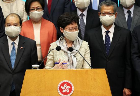 The Hong Kong Special Administrative Region (HKSAR) Chief Executive Carrie Lam says that national security legislation for the HKSAR protects interests of residents and foreign investors at a press conference in Hong Kong, South China, May 22, 2020. (Xinhua/Li Gang)