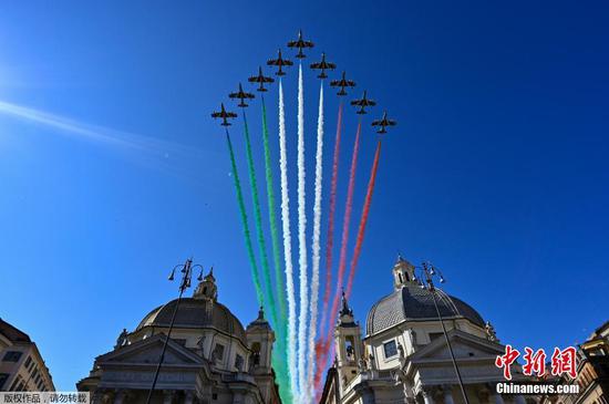 Italian Frecce Tricolori aerobatics team fly over Rome on occasion of Republic Day