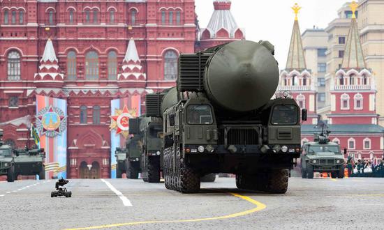 Russian RS-24 Yars intercontinental ballistic missile systems are seen on the Red Square for the Victory Day parade in Moscow, Russia, May 9, 2019. (Xinhua/Bai Xueqi)