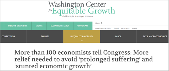 A screenshot taken from equitablegrowth.org on June 16, 2020, shows the name of Washington Center for Equitable Growth and the title of the statement it released, 