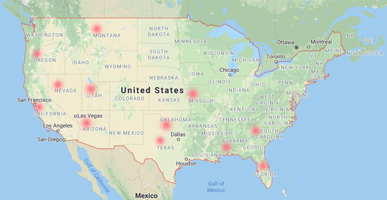 Over 10 U.S. states, as marked on the American Map with blurry red spots, have seen an uptick in COVID-19 cases during this week, as businesses continue to resume operations across the nation. (Xinhua)
