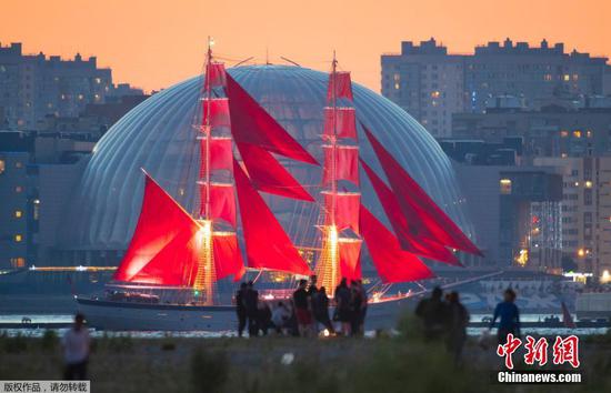 People celebrate Scarlet Sails festival in St. Petersburg, Russia
